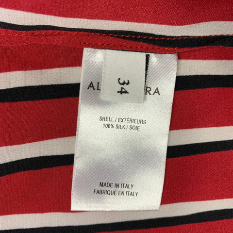 ALTUZARRA Size 0 Red Black White Silk Stripe Hidden Buttons Casual Top