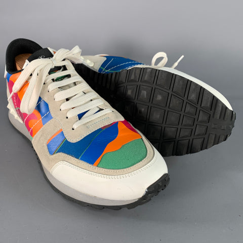 VALENTINO Size 10 White Multi Color Camo Leather Lace-Up Sneakers