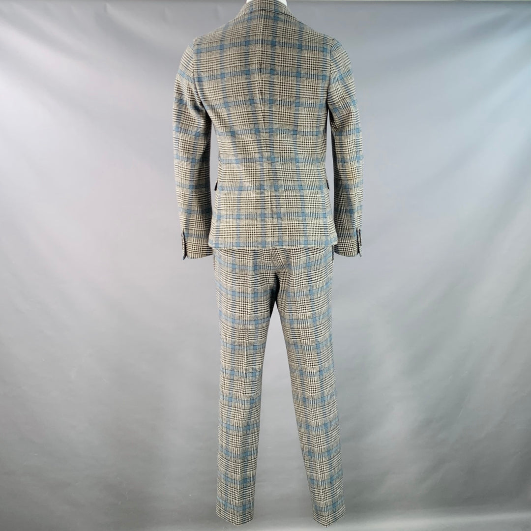 GUCCI Size 38 Black White Blue Glenplaid Wool Notch Lapel Suit