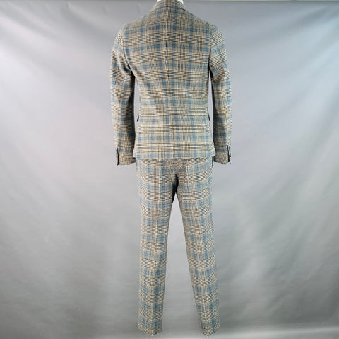 GUCCI Size 38 Black White Blue Glenplaid Wool Notch Lapel Suit
