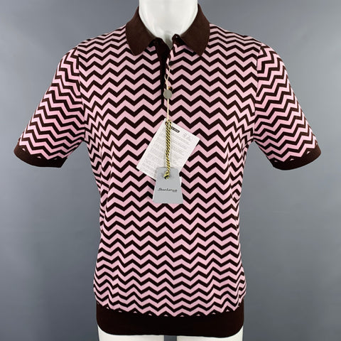 SARTORIO Polo en coton boutonné à chevrons marron et rose, taille M