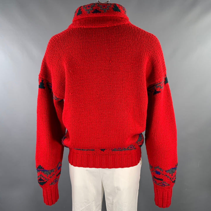 POLO by RALPH LAUREN Size XL Red Black Blue Knit Wool Shawl Sweater