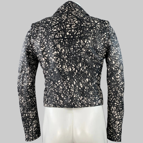 BALENCIAGA Size 34 Black White Marbled Lambskin Leather Motorcycle Jacket