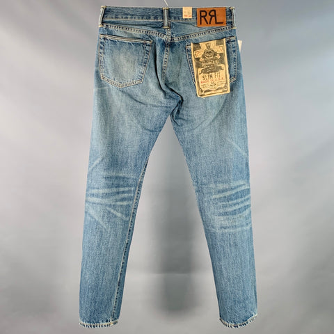 RRL by RALPH LAUREN Size 29 Blue Cotton Distressed Straight Button Fly Jeans