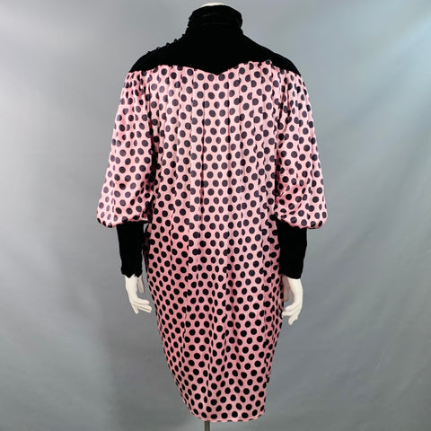 UNGARO Vintage 1980s Size L Pink Black Silk Polka Dot Turtleneck Tent Dress