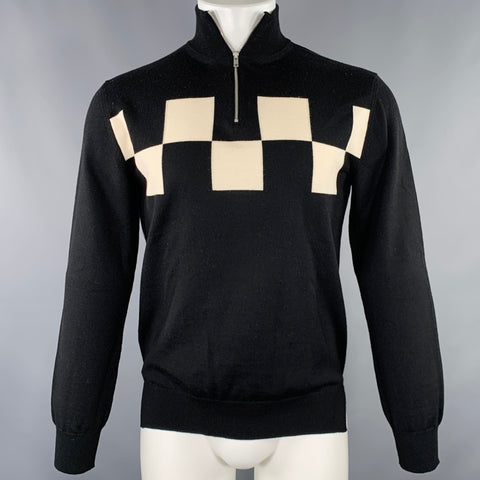 MARNI Size S Black Cream Checkered Wool 1/4 Zip Pullover