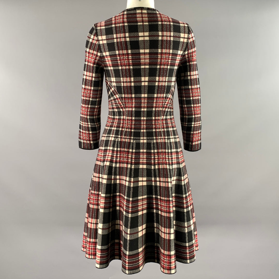 ALEXANDER MCQUEEN Size S Black Red Wool Plaid 3/4 Sleeves Knee-Length Dress