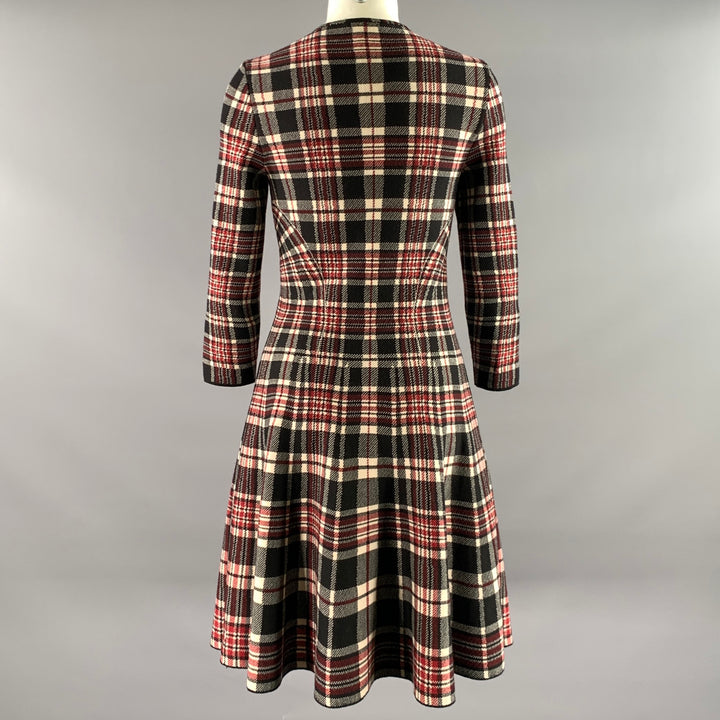ALEXANDER MCQUEEN Size S Black Red Wool Plaid 3/4 Sleeves Knee-Length Dress