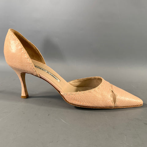 MANOLO BLAHNIK Size 9 Beige Leather Lizard Embossed Pointed Toe Pumps
