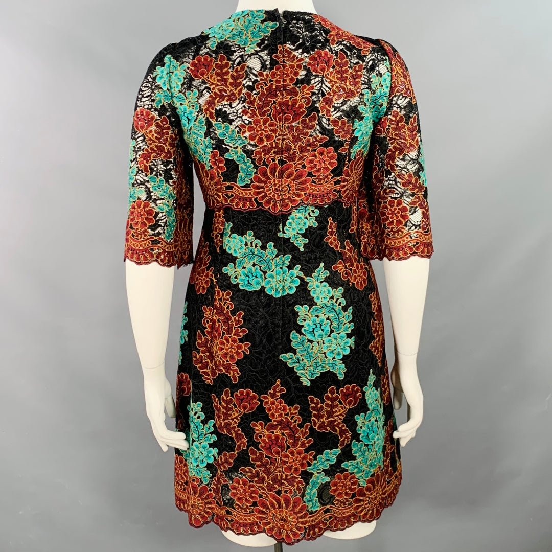 DOLCE & GABBANA Size 10 Black Green Brown Floral Lace 3/4 Sleeves Knee Length Dress