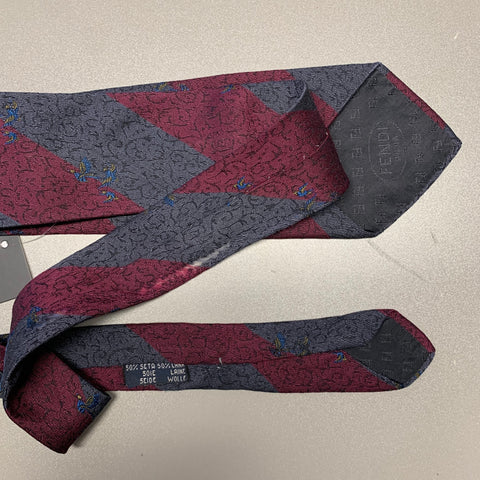 FENDI Burgundy Grey Diagonal Stripe Silk Tie