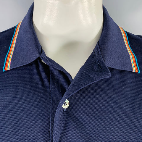 PAUL SMITH Size L Navy Multi Color Cotton Contrast Stripe Collar Polo