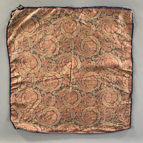 NO BRAND Navy Tan Paisley Silk Pocket Square