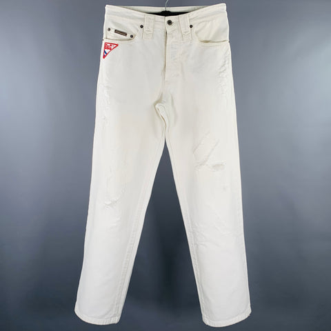 D&G by DOLCE & GABBANA Size 30 White Distressed Cotton Blend Wide Leg Jeans