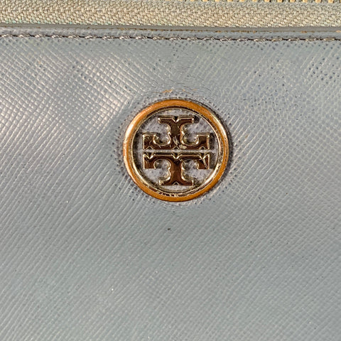 TORY BURCH Blue Saffiano Leather Logo Zip Around Checkbook Wallet