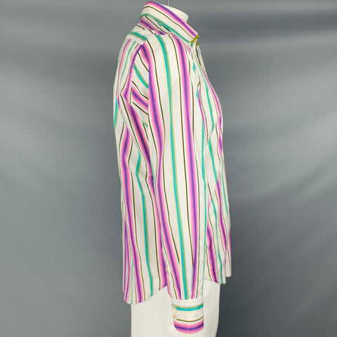 ROBERT GRAHAM Talla L Camisa blanca de manga larga con botones de algodón a rayas multicolores