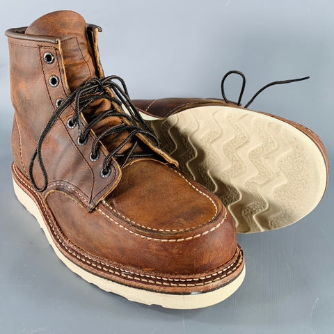RED WING Size 9.5 Classic Moc Brown Contrast Stitch Leather Lace-Up Boots