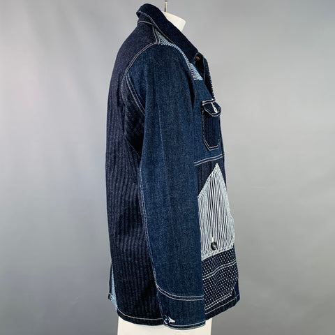 FDMTL Size L Indigo White Sashiko Patchwork Cotton Chore Jacket