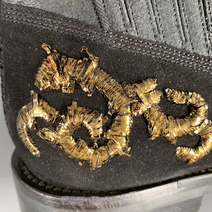 DOLCE & GABBANA Size 8.5 Black Gold Embroidery Leather Side Buttons Boots