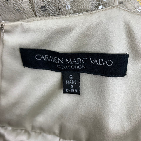 CARMEN MARC VALVO Talla 6 Vestido de cóctel con tirantes finos y lentejuelas de encaje blanco roto