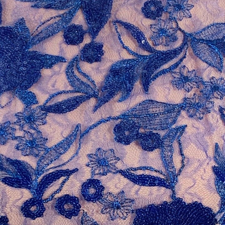 COSTARELLOS Size 4 Blue Nude Lace Sequined Short Sleeve Midi Cocktail Dress