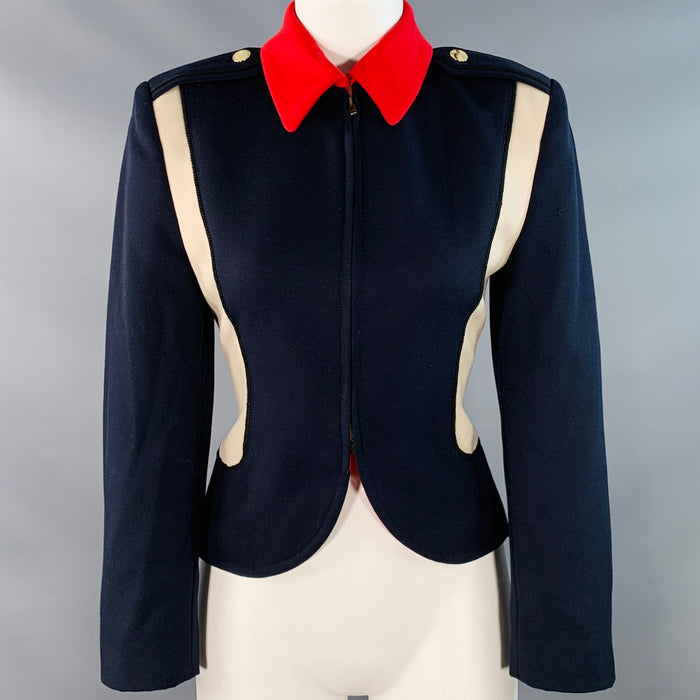 EMPORIO ARMANI Size 2 Navy Cream Red Wool Twill Color Block Epaulets Jacket