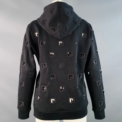 PACO RABANNE Size S Black Cotton Blend Cutout Logo Hooded Pullover
