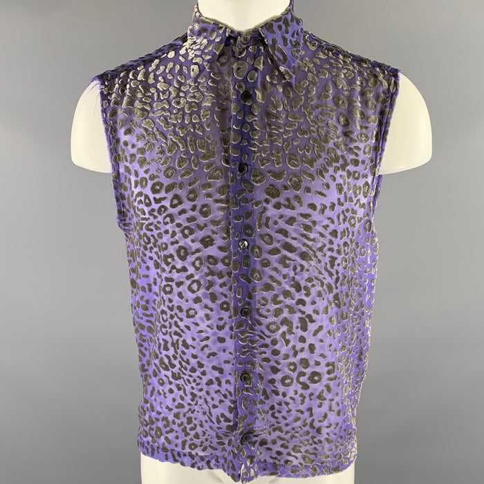 DRIES VAN NOTEN Size XS Purple Grey Leopard  Print Cutoff Sleeve Shirt