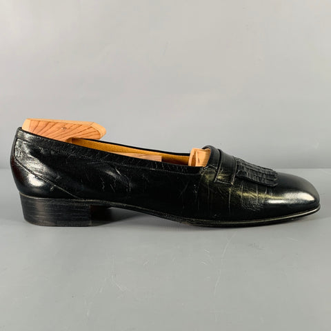 HERMES Size 7.5 D  Black Leather Eyelash Loafers