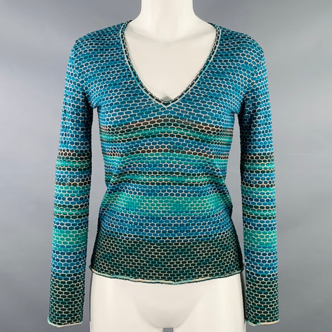 M MISSONI Size 4 Blue Green Merino Wool Blend V-Neck Pullover