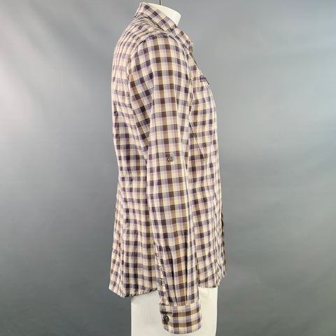 JOHN VARVATOS STAR USA Size L Beige Brown Purple Plaid Long Sleeve Shirt