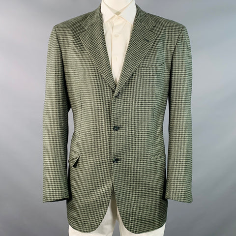 KITON Size 48 Regular Green Sage Houndstooth Cashmere Silk Notch Lapel Sport Coat