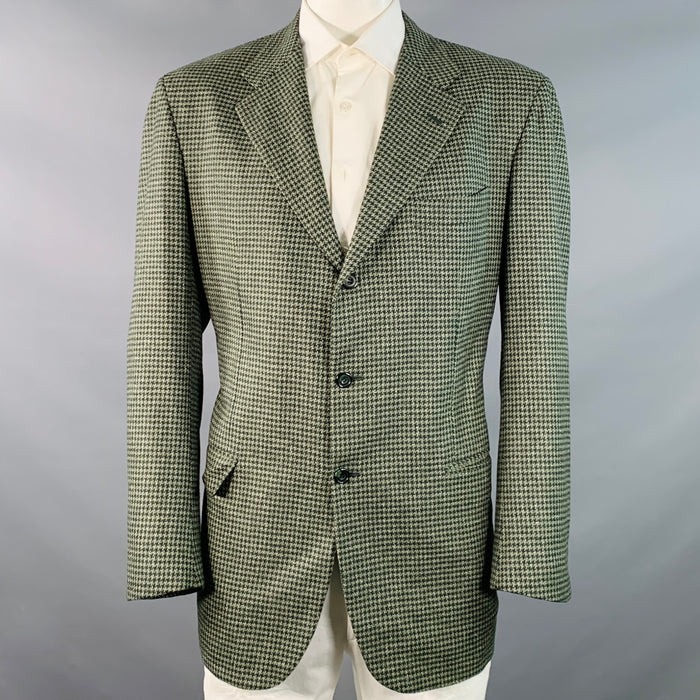 KITON Size 48 Regular Green Sage Houndstooth Cashmere Silk Notch Lapel Sport Coat