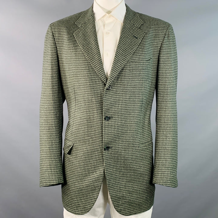 KITON Size 48 Regular Green Sage Houndstooth Cashmere Silk Notch Lapel Sport Coat