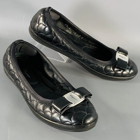 SALVATORE FERRAGAMO Size 7 Savina Black Quilted Leather Bow Flats