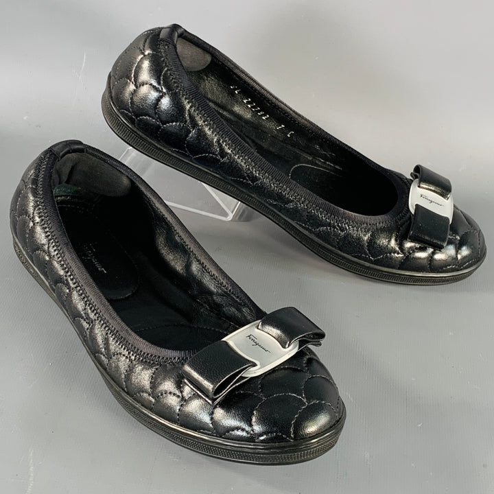 SALVATORE FERRAGAMO Size 7 Savina Black Quilted Leather Bow Flats