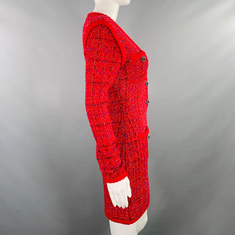 SELF-PORTRAIT AW22 Size S Red Blue Wool Blend Windowpane Cardigan Mini Dress