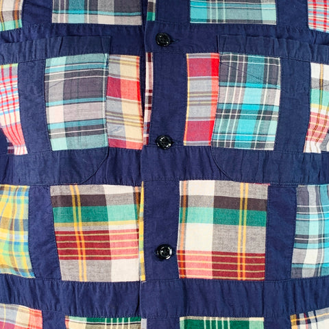 MONITALY Size L Navy Multi Color Madras Cotton Two Pockets Short Sleeve Shirt