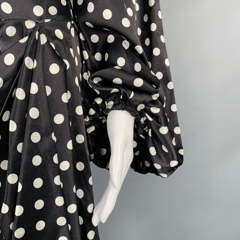 CAROLINE CONSTAS Taille S Robe à Pois Noire et Blanche en Soie Mélangée Manches Cloche