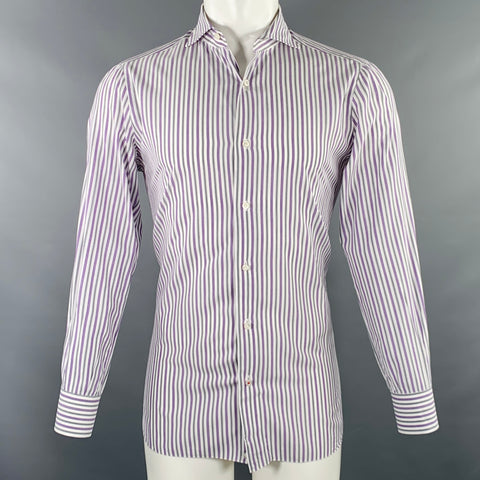 ISAIA Size M Purple White Grey Stripe Cotton Spread Collar Long Sleeve Shirt