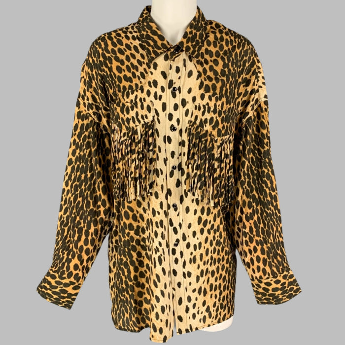 R13 Taille XS Chemise surdimensionnée en coton marron clair à imprimé animal et franges western