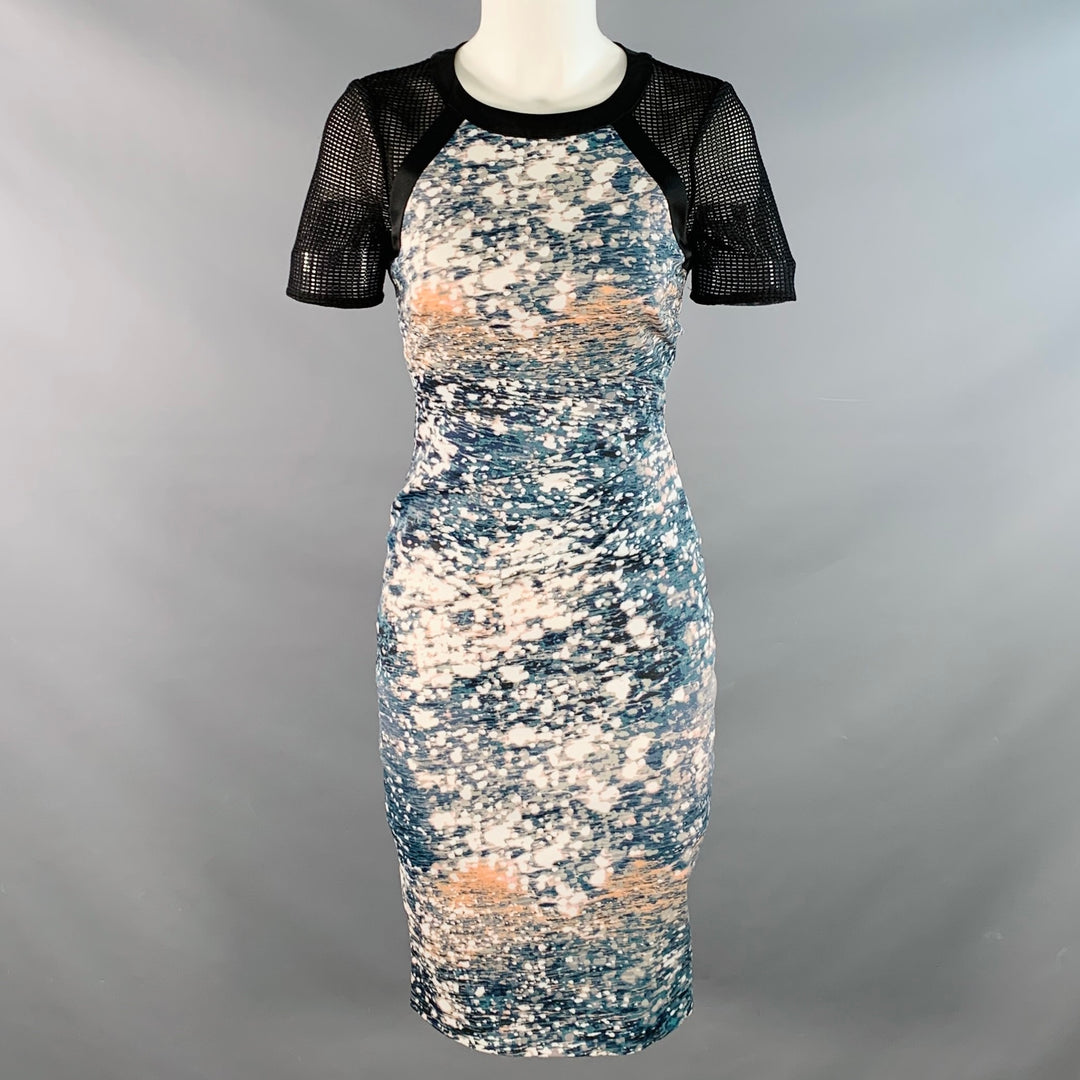 KAREN MILLEN Size 4 Black Green White Acetate Blend Abstract Mesh Sleeves Dress KAREN MILLEN Size 4 Black Green White Acetate Blend Abstract Mesh Sleeves Dress