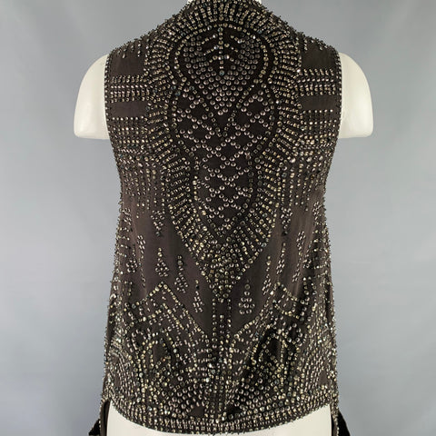 KAUFMAN FRANCO Size 2 Black Silver Silk Beaded Asymmetrical Vest
