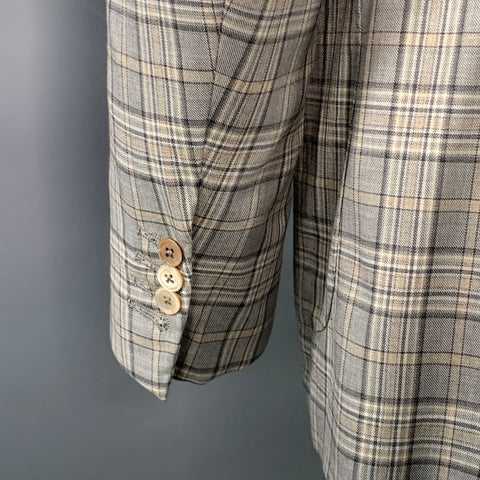 ISAIA Size 44 Long Grey Taupe Plaid Wool Notch Lapel Sport Coat