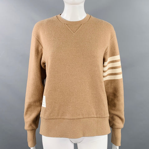 THOM BROWNE Size 2 Brown Cream Cashmere Blend Stripe Crew Neck Sweater