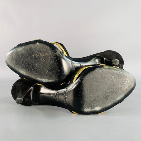 RALPH LAUREN COLLECTION Size 6 Black Metallic Gold Suede Leather Strappy Ankle Strap Sandals