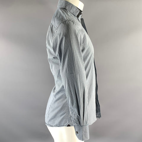 LANVIN Size S White Teal Gingham Cotton Point Collar Long Sleeve Shirt