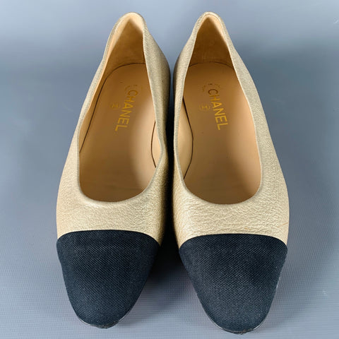 CHANEL Size 8 Gold Black Leather Cap Toe Flats