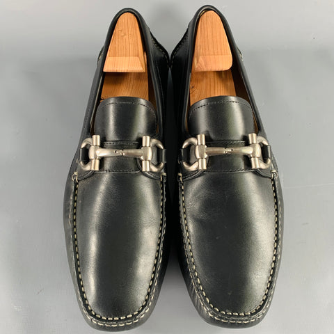 SALVATORE FERRAGAMO Size 10 -Parigi- Black Contrast Stitch Leather Drivers Loafers