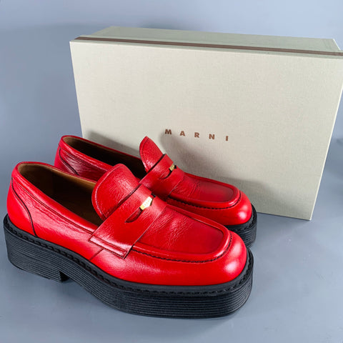 MARNI Size 7 Red Black Leather Platform Penny Loafers